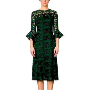 Shoshanna Green/Black Guipure Lace Midnight Peregrine Midi Dress, Size 0
